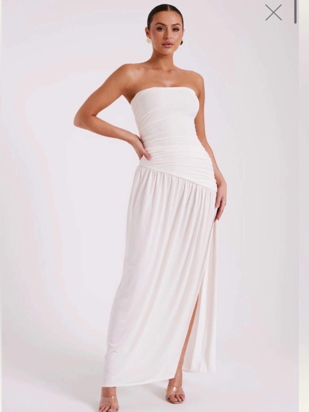 Meshki Strapless White Maxi Dress with Side Slit